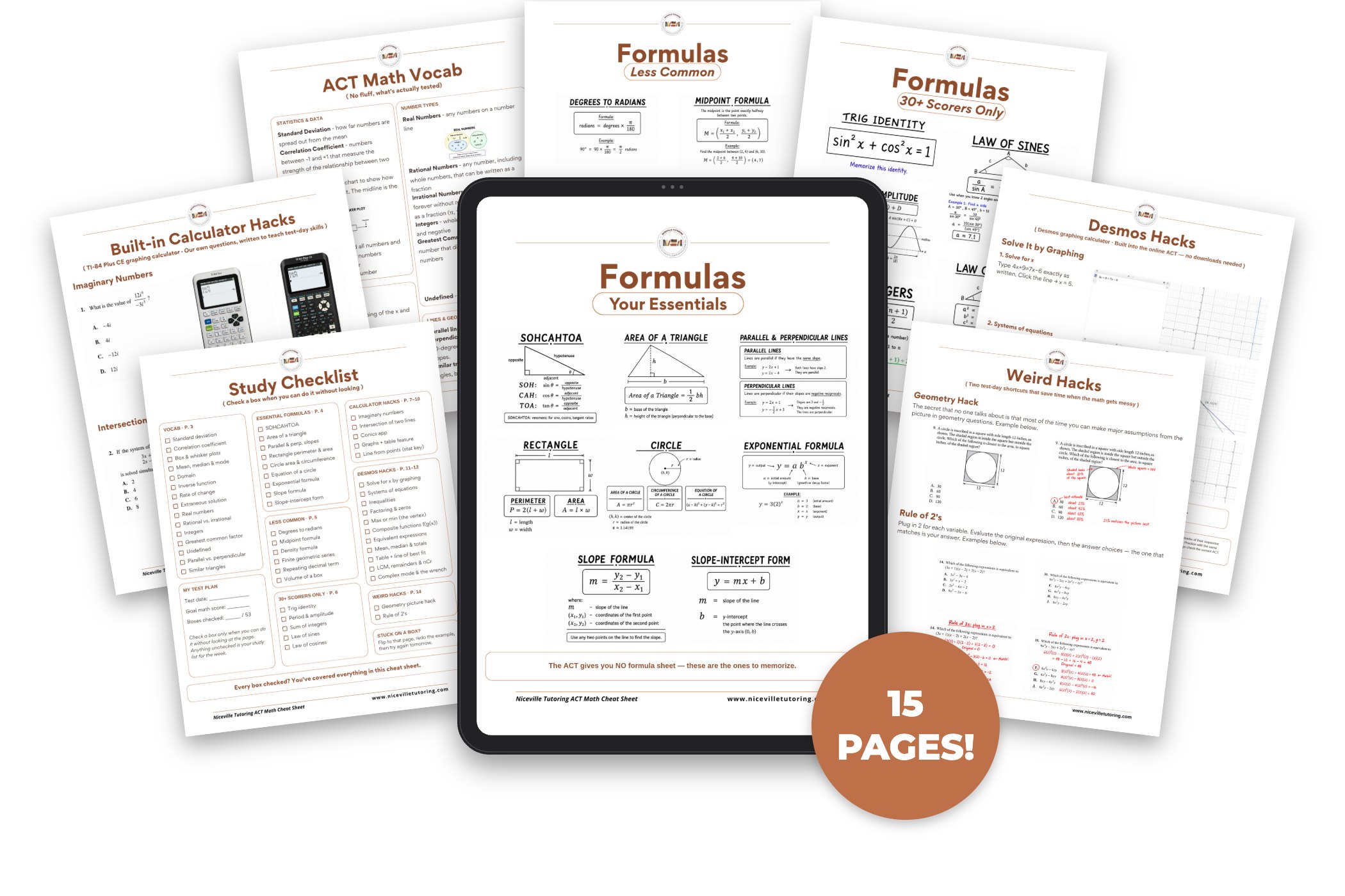 The ACT Math Cheat Sheet shown on a tablet with pages fanned behind it