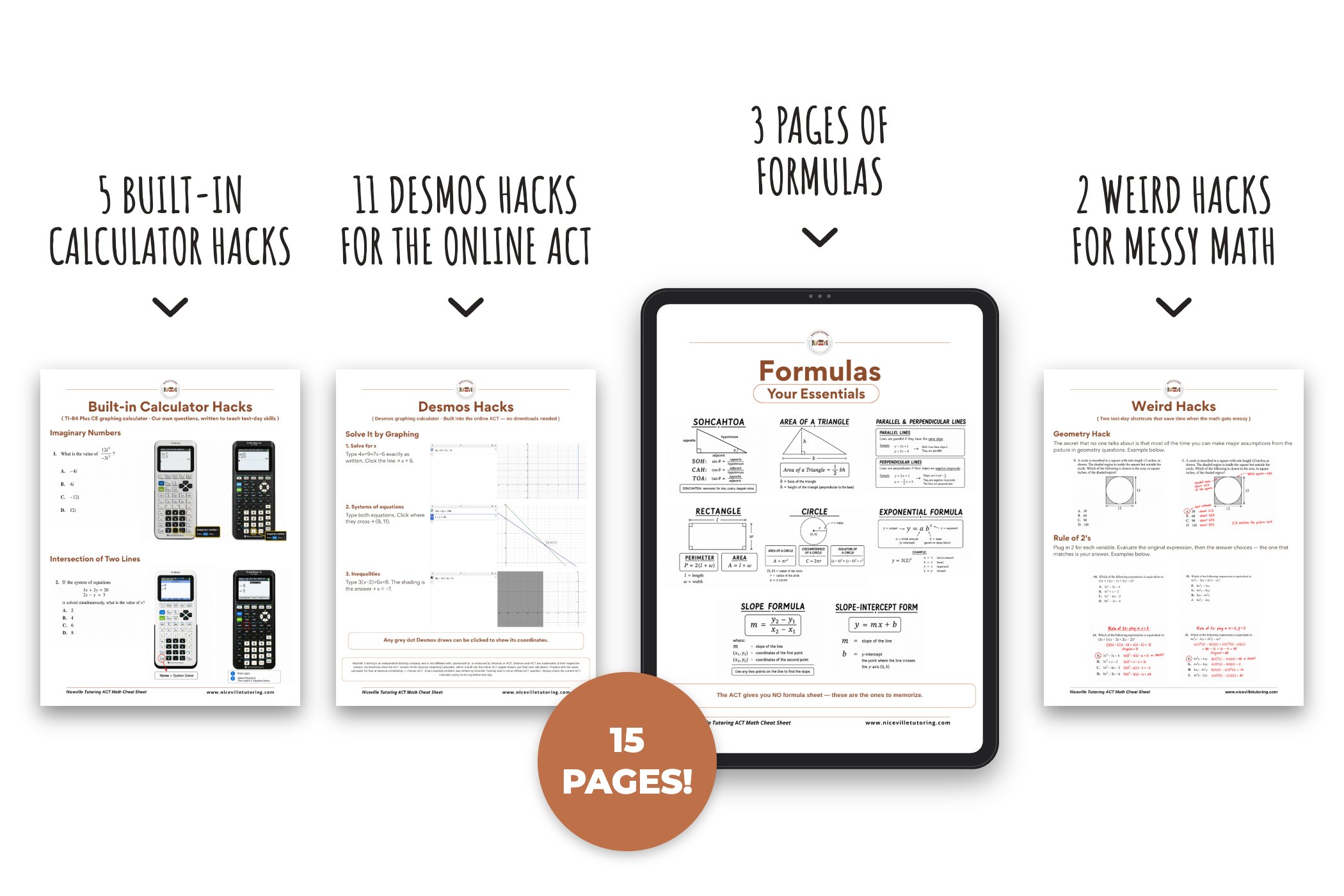 5 built-in calculator hacks, 11 Desmos hacks, 3 pages of formulas and 2 weird hacks