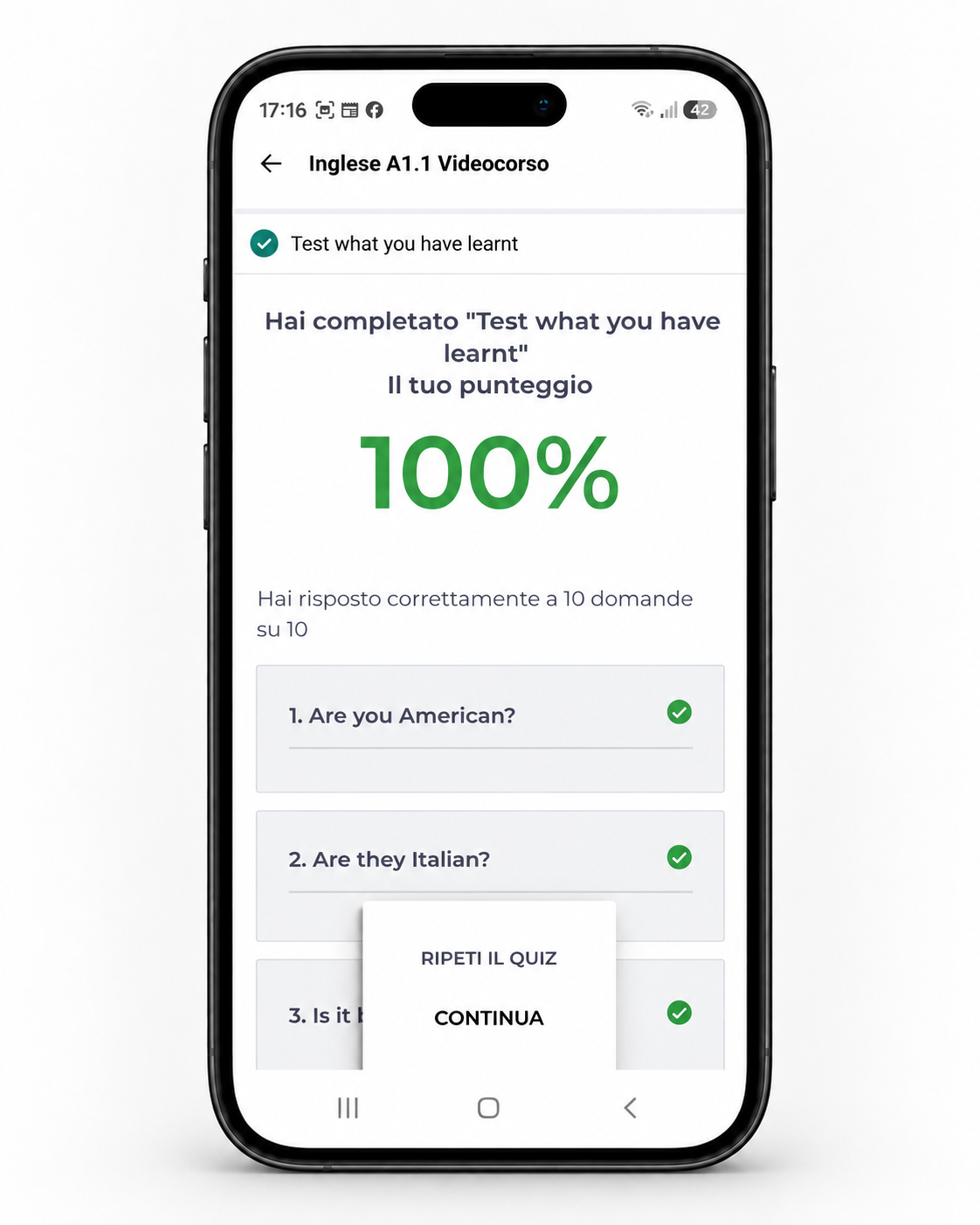 Quiz di italiano nell'app Thinkific