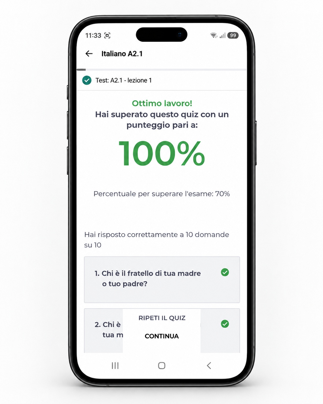 Quiz di italiano nell'app Thinkific