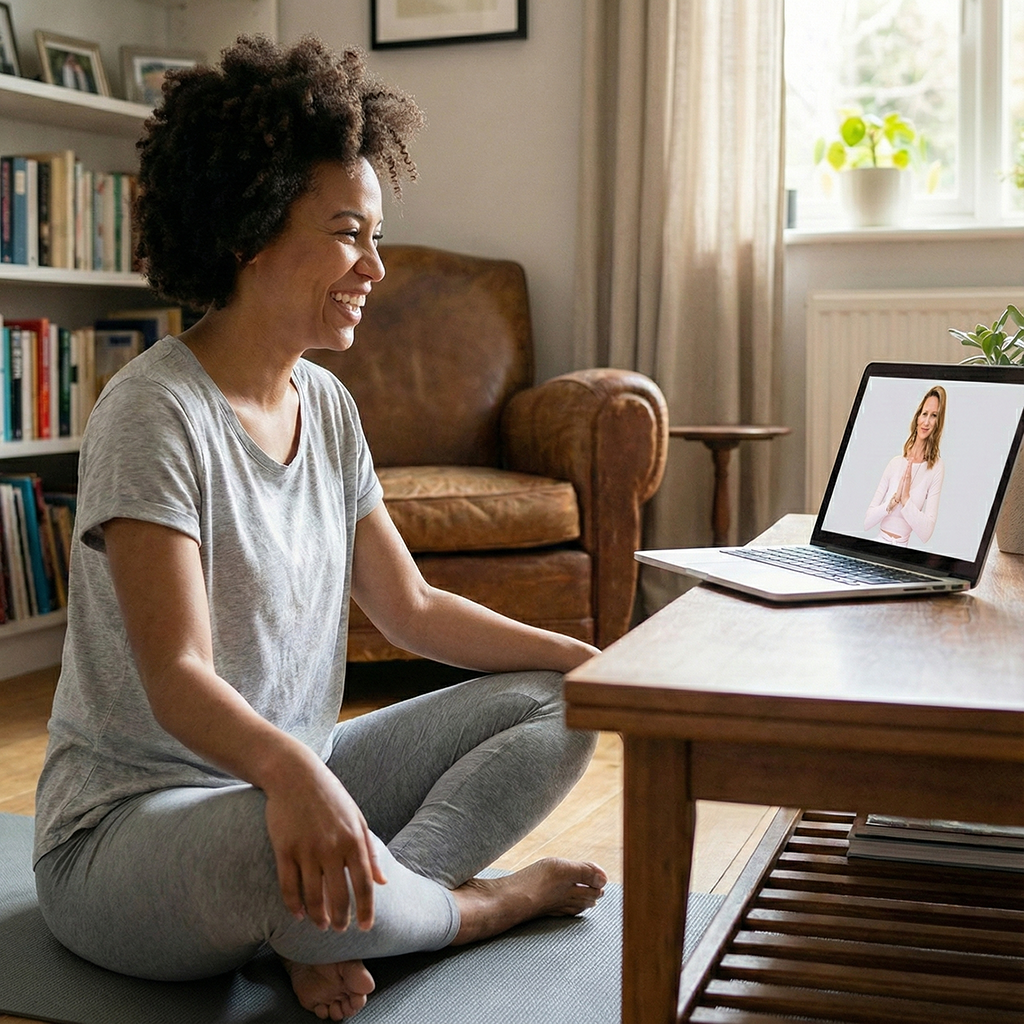 Person following along with an online yoga practice