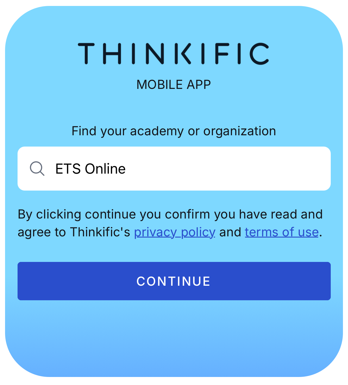Search for ETS Online in the app