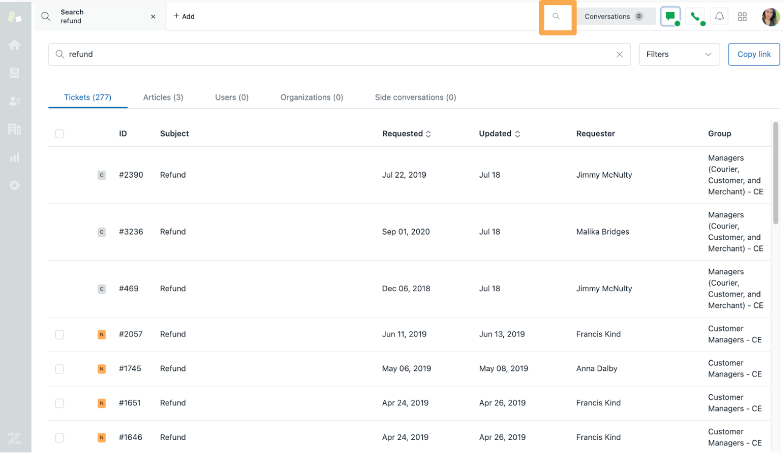 View of ticket search results with the search icon located on the top toolbar.