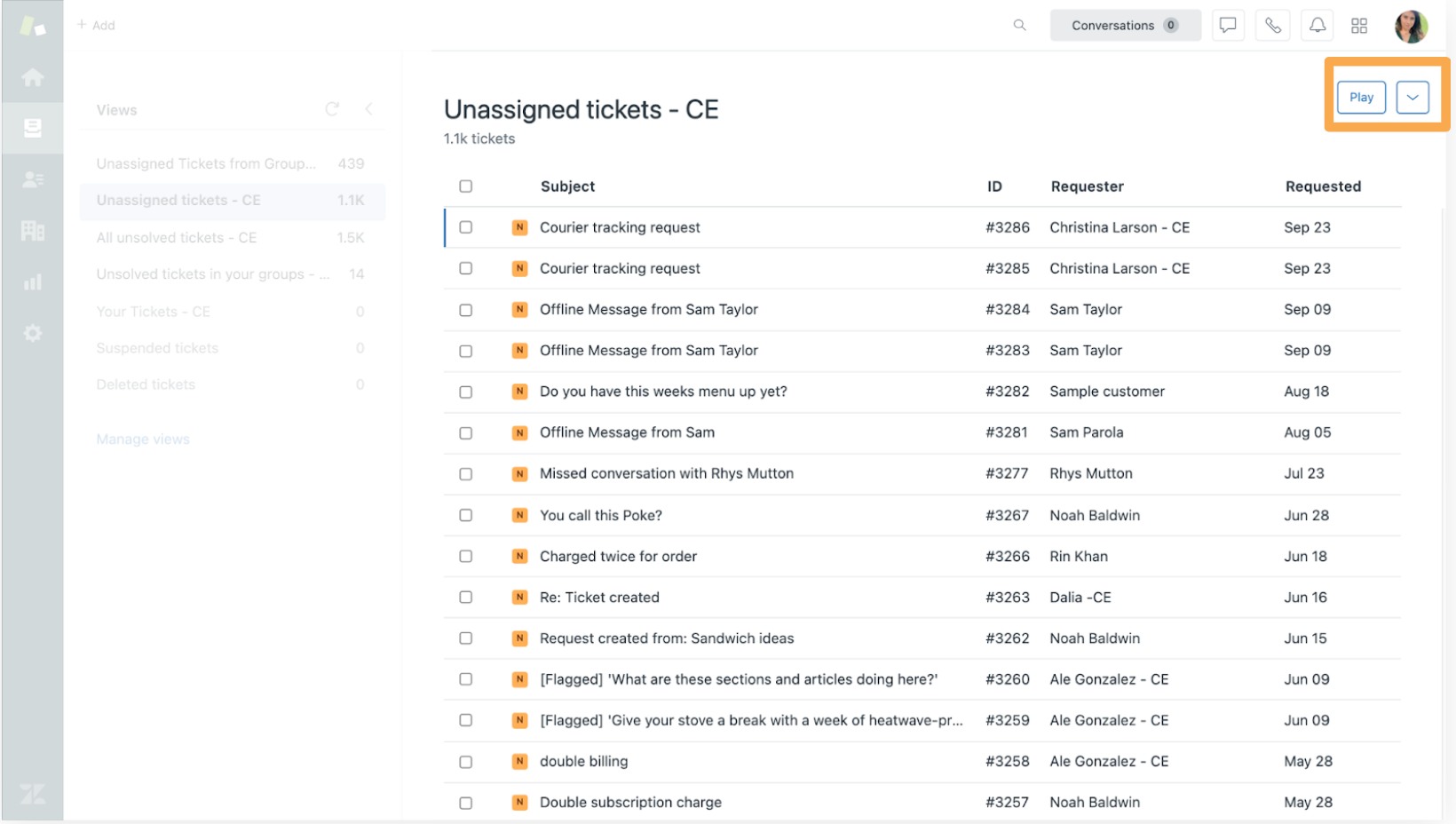 View of the unassigned tickets in Agent Workspace with the Play button highlighted.