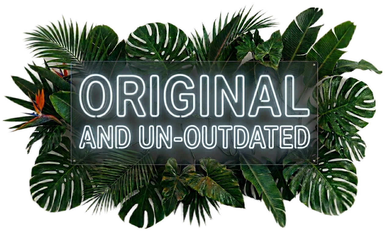 Original and Un-Outdated neon sign surrounded by tropical leaves — Pro Aptitude Academy modern non-outdated professional certification courses