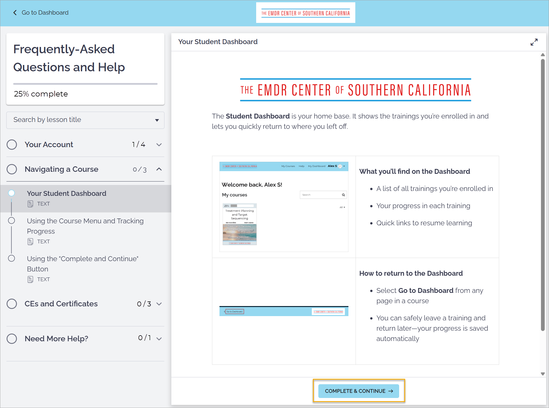 The complete button is located at the bottom of every lesson page.