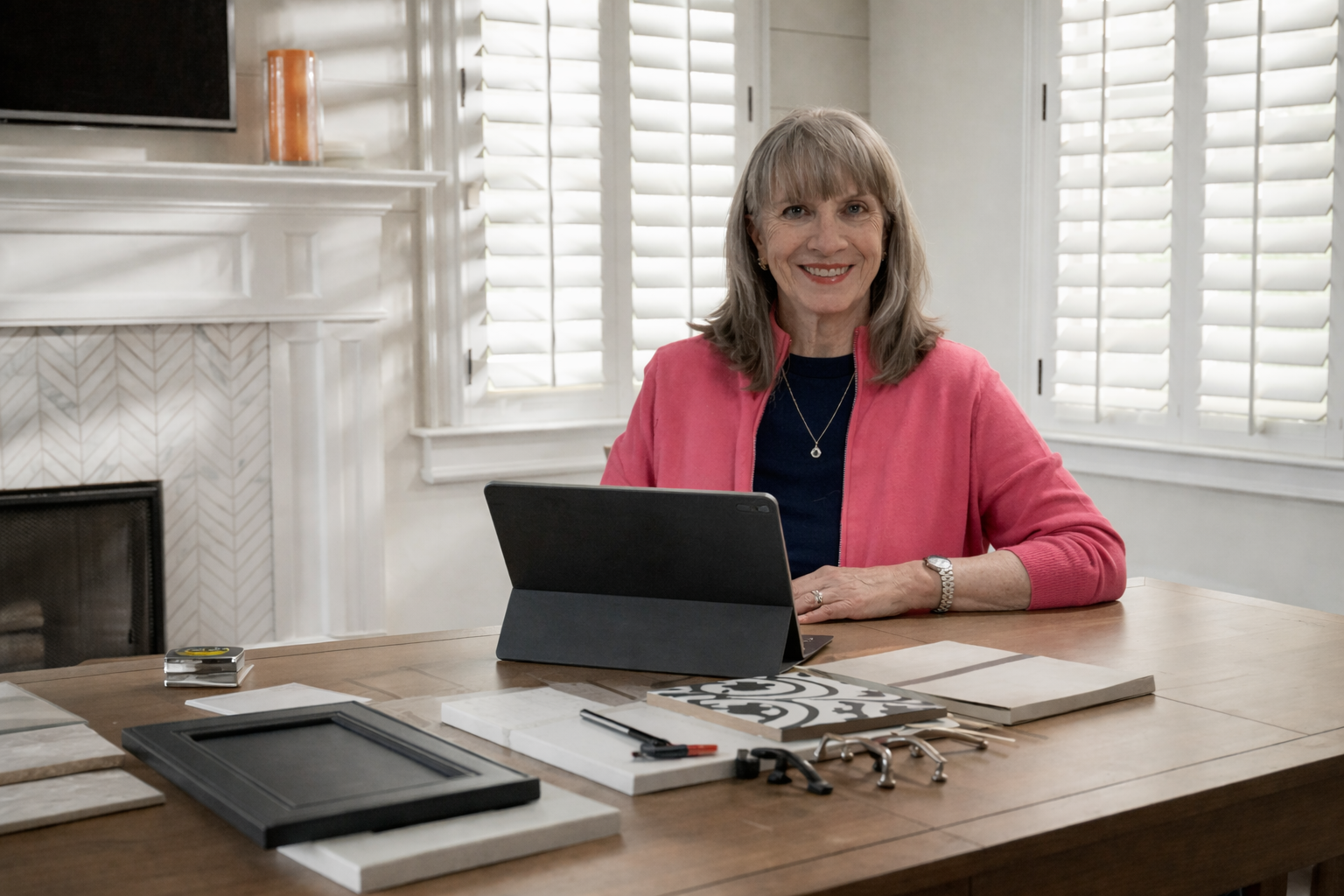 REPLACE WITH: Karen Hockley at her desk with design samples