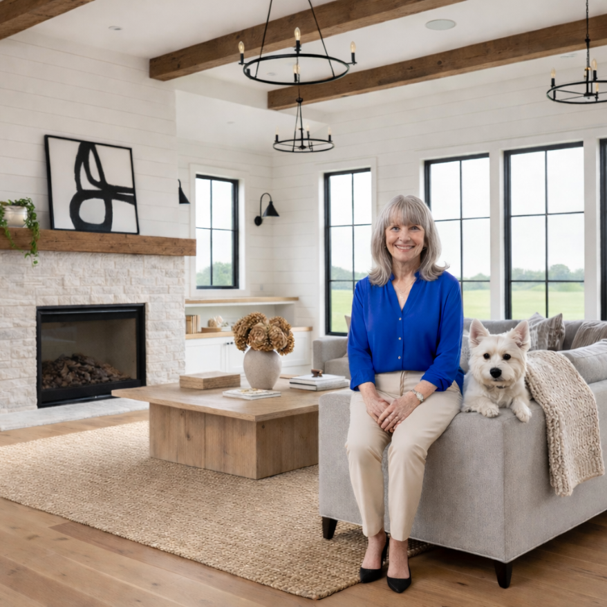 REPLACE WITH: Karen Hockley at her desk with her West Highland Terrier
