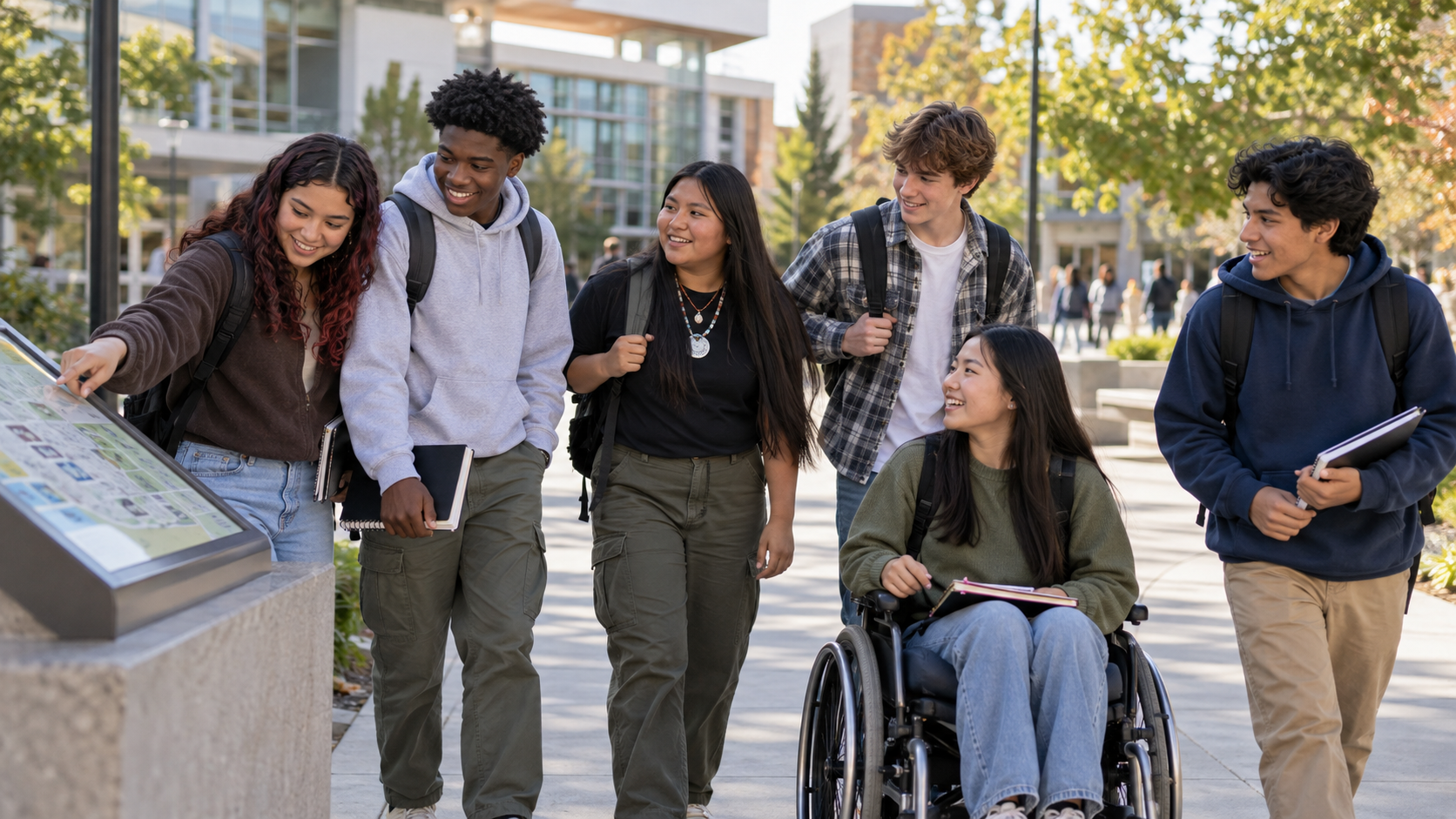 Diverse high school students exploring a college campus and building their college pathway