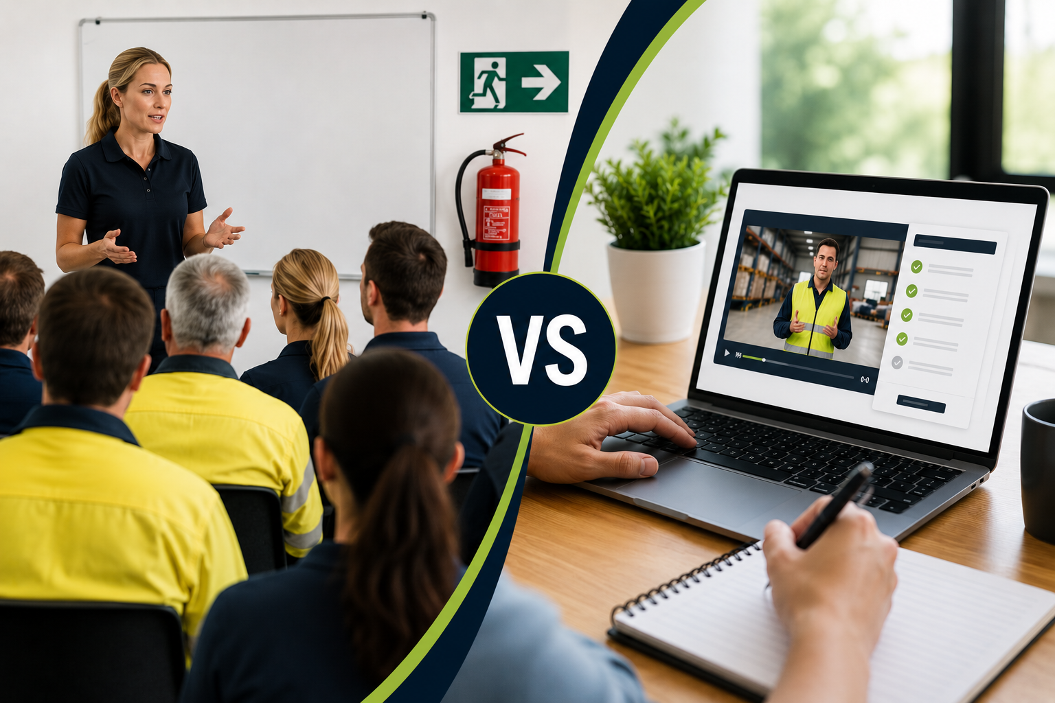 Workplace emergency training comparison showing face-to-face classroom training versus online emergency warden and fire safety training.