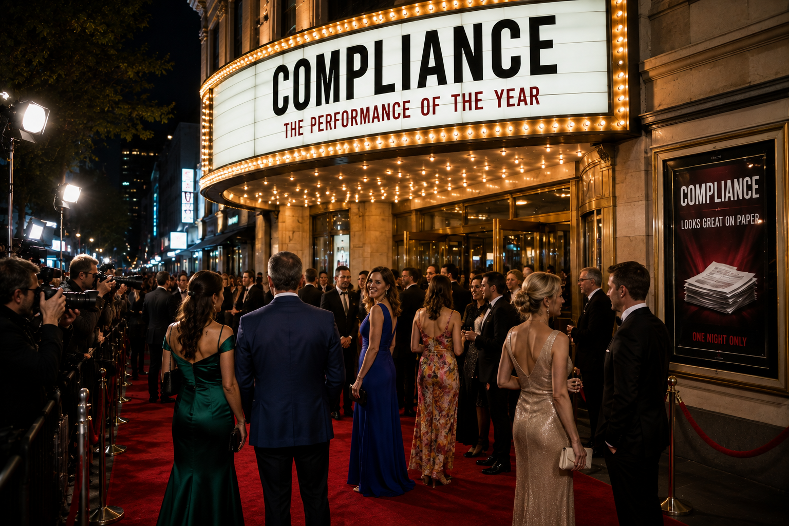 Guests walk a red carpet beneath a theatre marquee advertising a compliance performance.