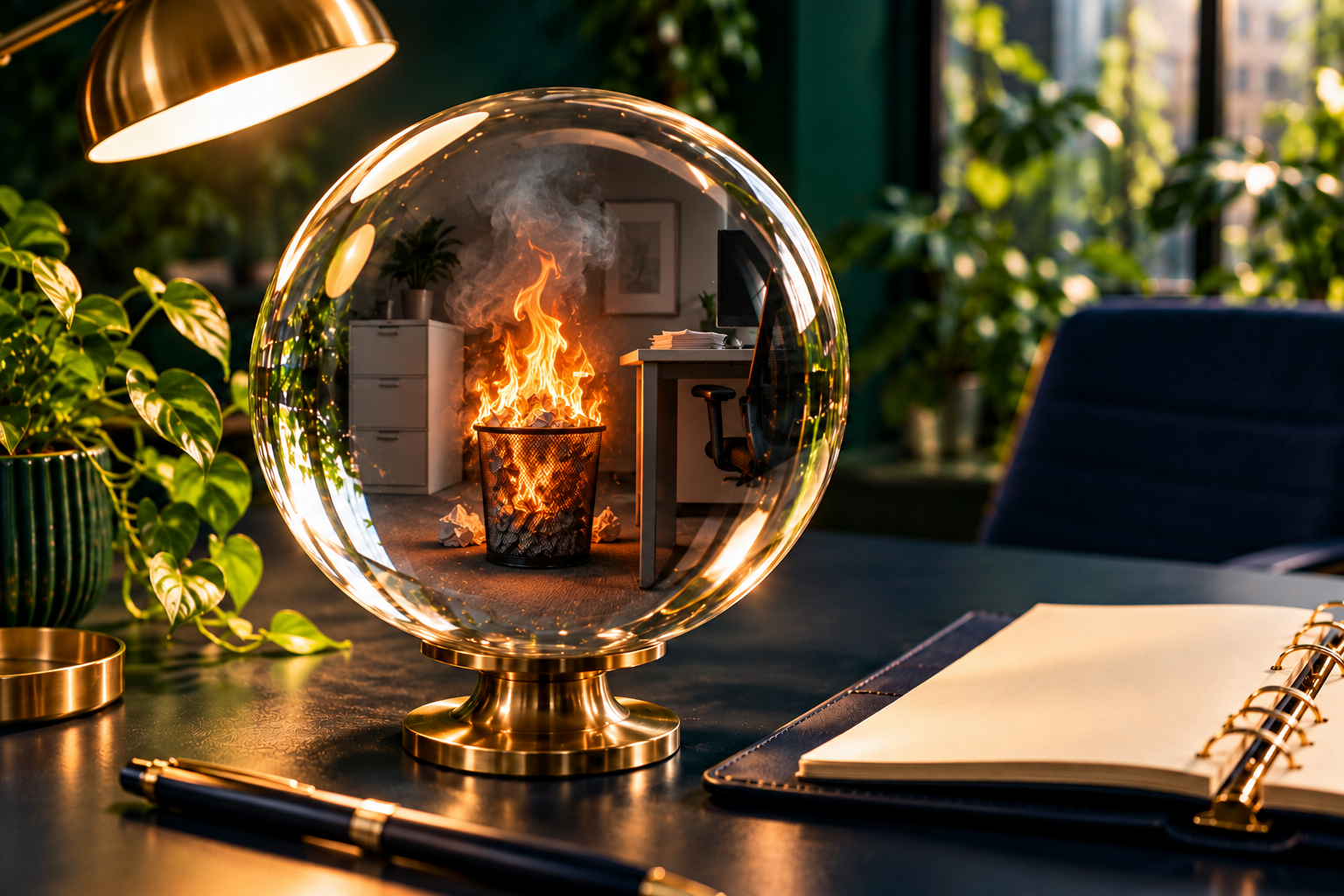 Crystal ball on an office desk showing a small office fire inside