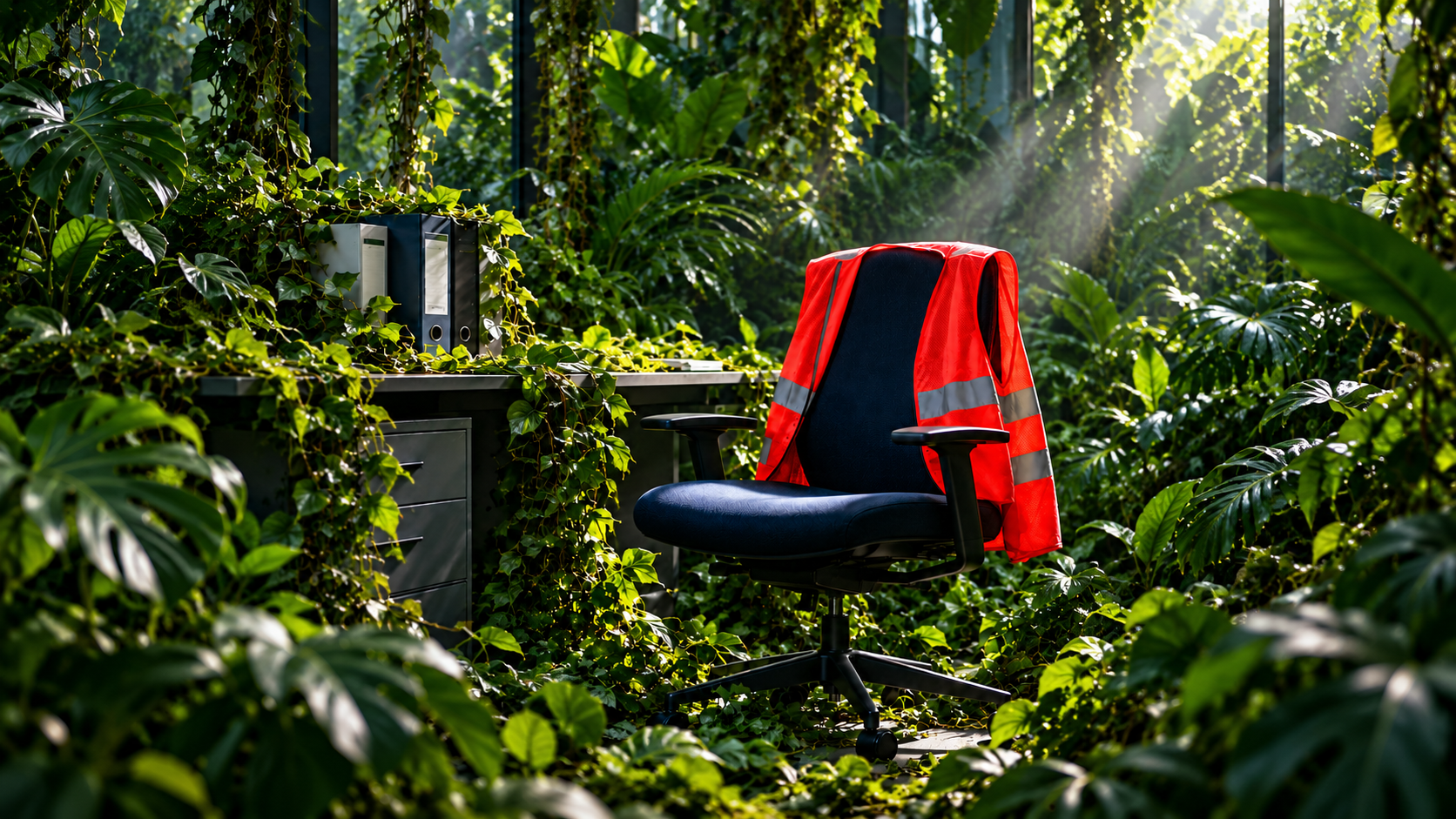 An office overgrown with jungle plants, with a red warden vest draped over an empty chair.