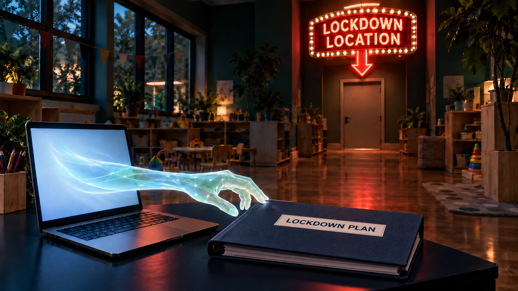 A glowing digital hand reaches from a laptop toward a lockdown plan in a childcare room, while a neon sign points to a lockdown location.