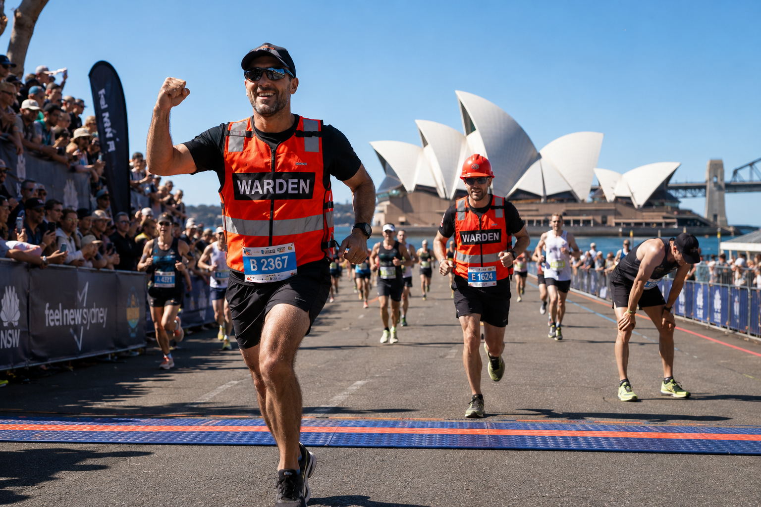 Workplace wardens running a marathon near the Sydney Opera House, illustrating compliance is a marathon, not a sprint. 
