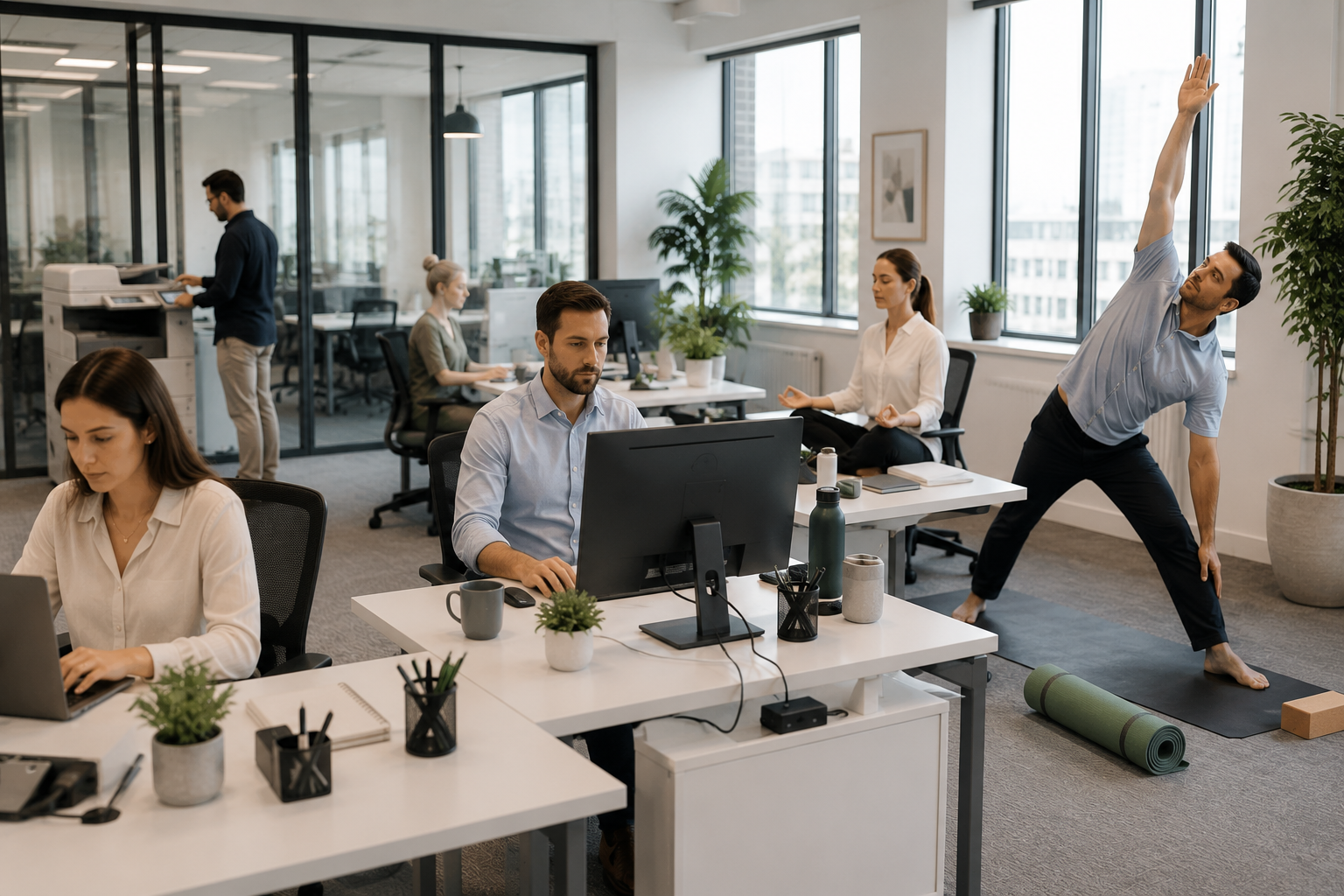Modern office with employees working at their desks while one colleague performs yoga beside their workstation, illustrating the balance between workplace safety, psychosocial hazards and employee wellbeing in a professional office environment.