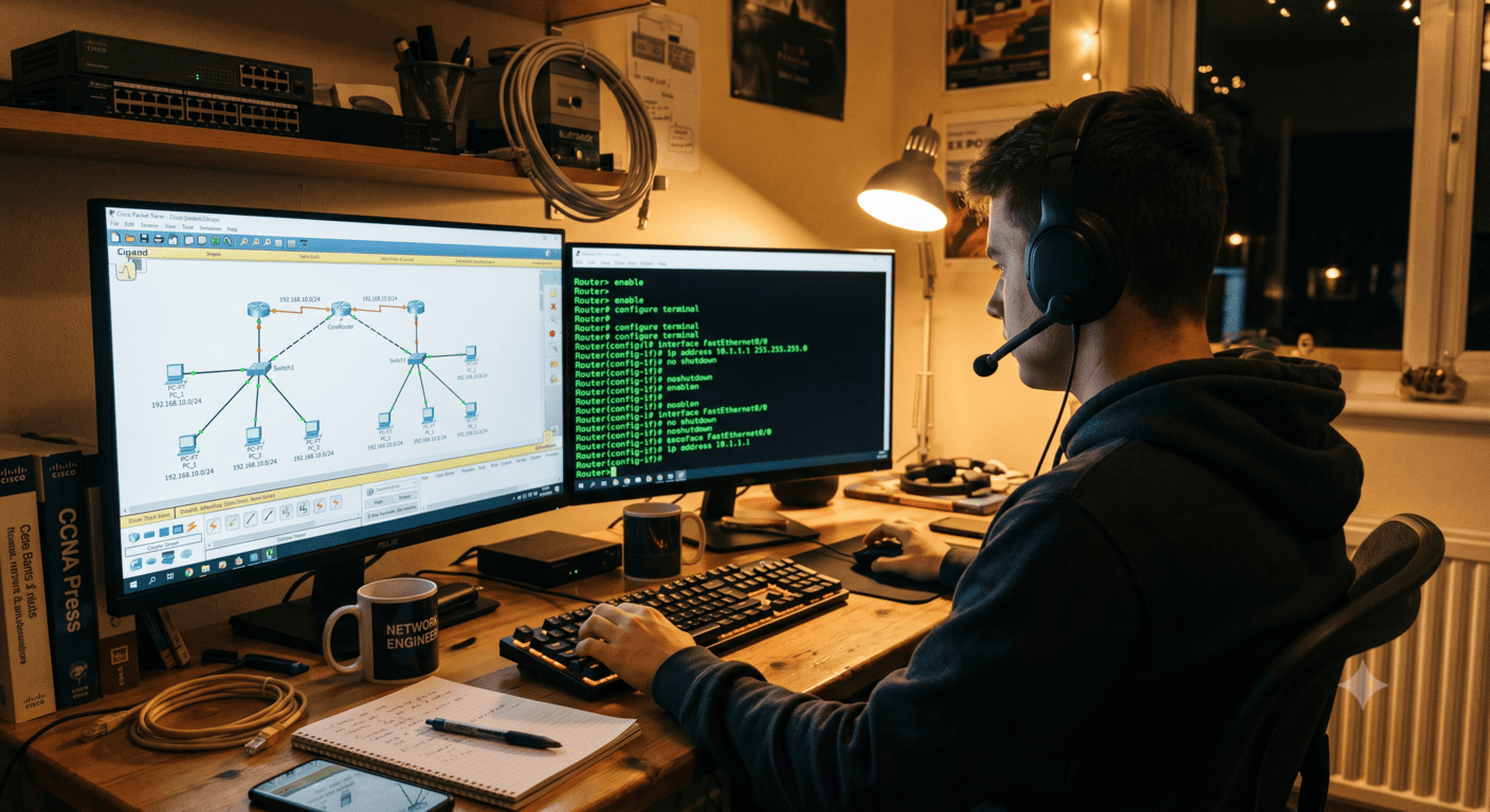 Apprenant Formip en train de pratiquer sur son ordinateur, console et topologie reseau a l'ecran
