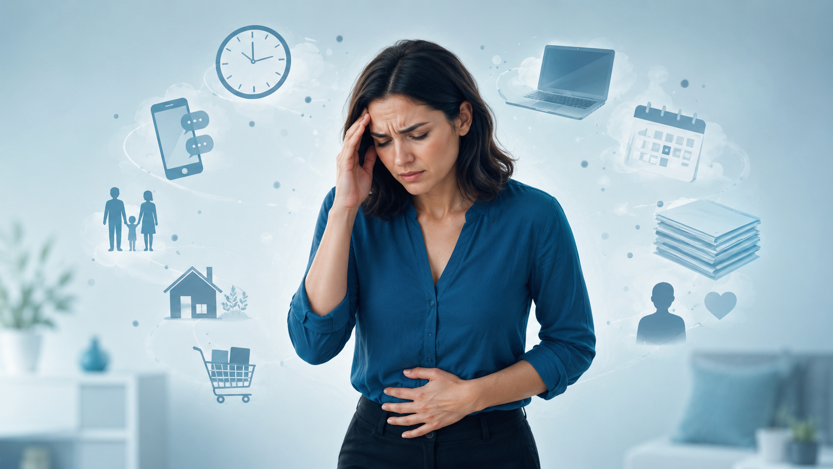 Illustrasjon av stressrespons og IBS: hvordan hverdagsstress forverrer irritabel tarm via HPA-aksen