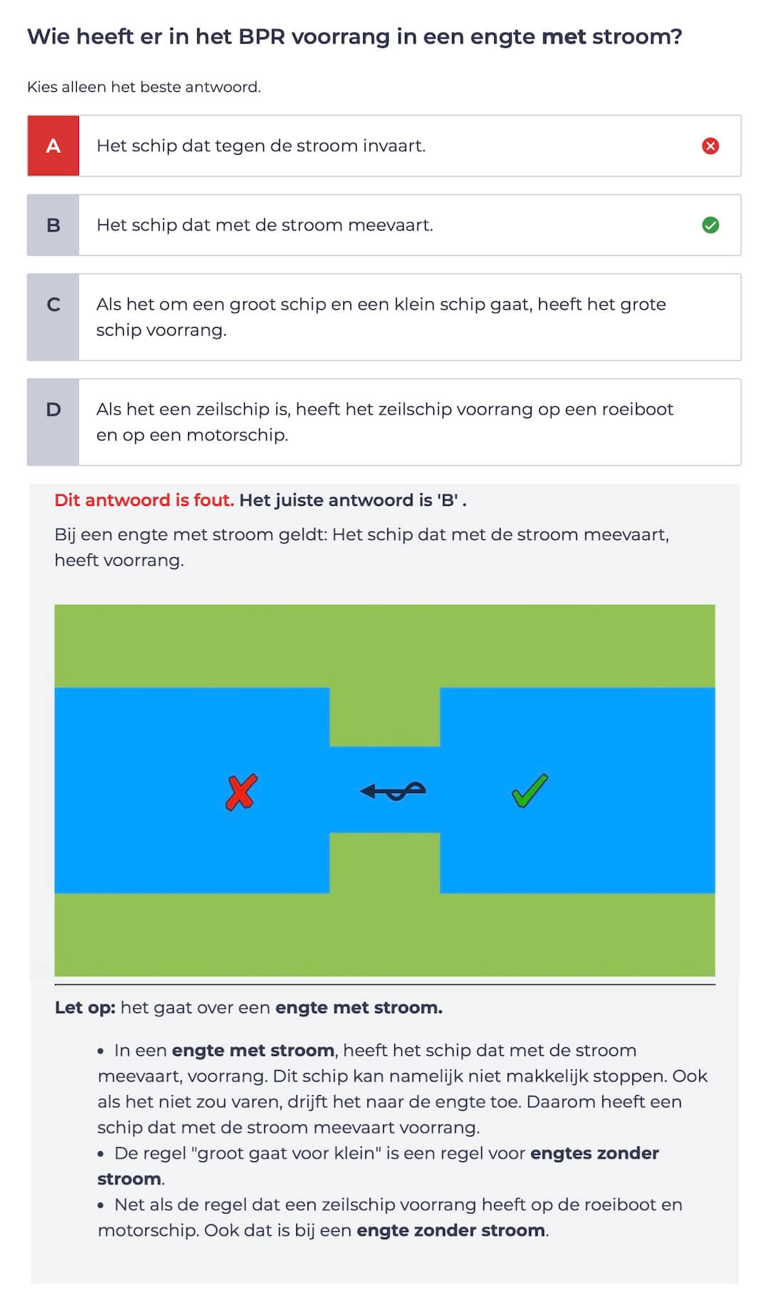 Screenshot van een oefenvraag uit cursus Vaarbewijs 1  met vraag over voorrang bij engtes met stroom.