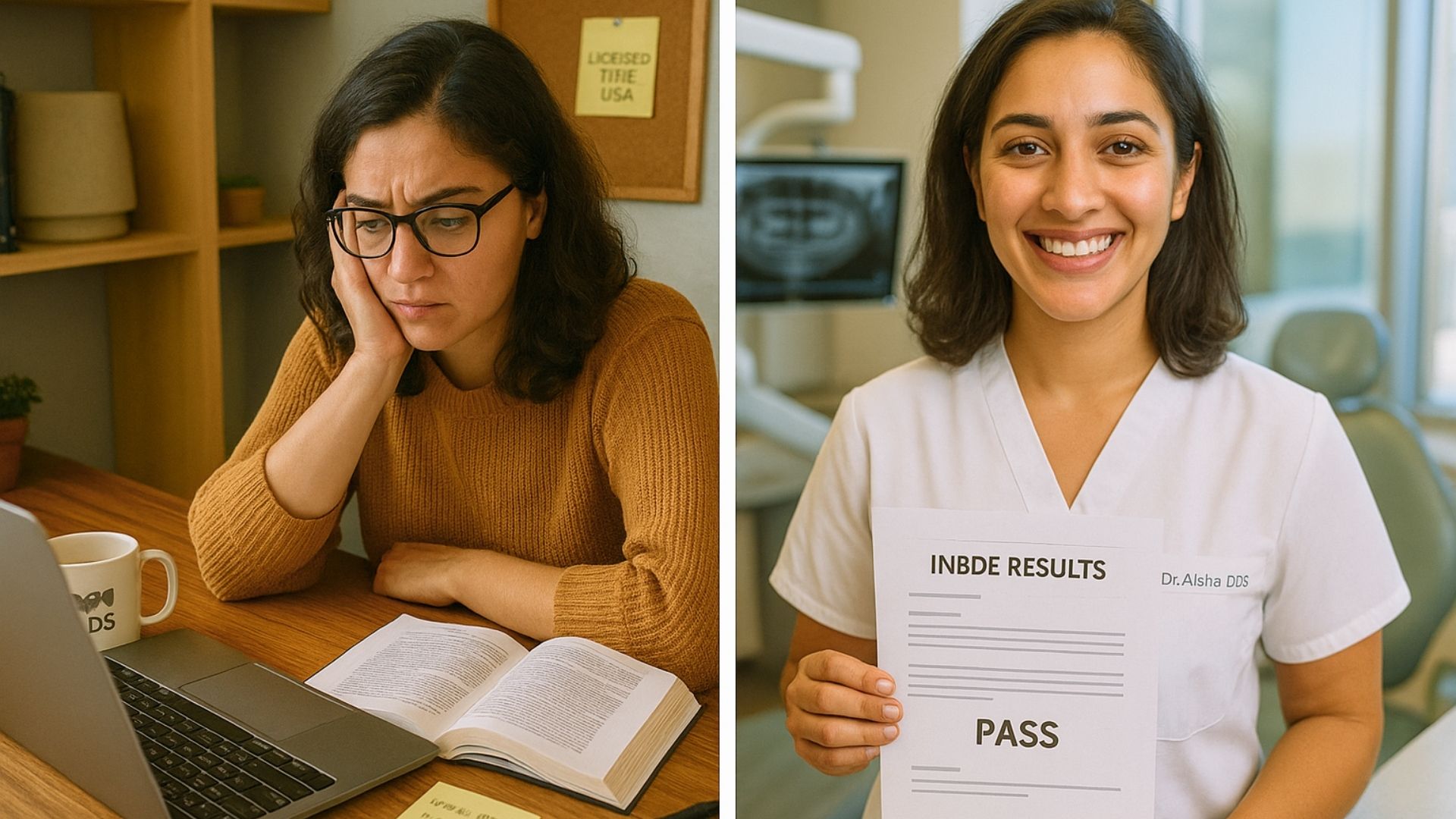 Young Middle Eastern woman studying for the INBDE exam in her apartment, surrounded by dental textbooks, laptop, and notes—representing an international dental graduate preparing for U.S. dental licensure with practice tests.