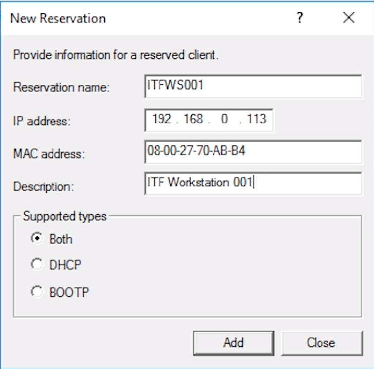 dhcp reservation supported types