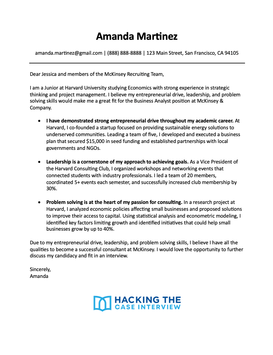 McKinsey cover letter example 1