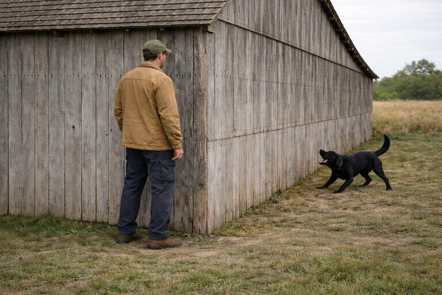 Search and rescue dog performing an out-of-sight trained final response near a barn