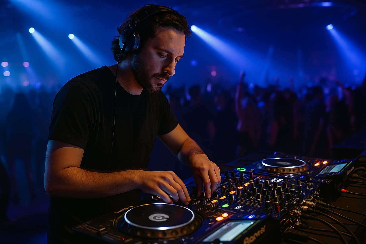 dj che usa la console mentre il pubblico balla