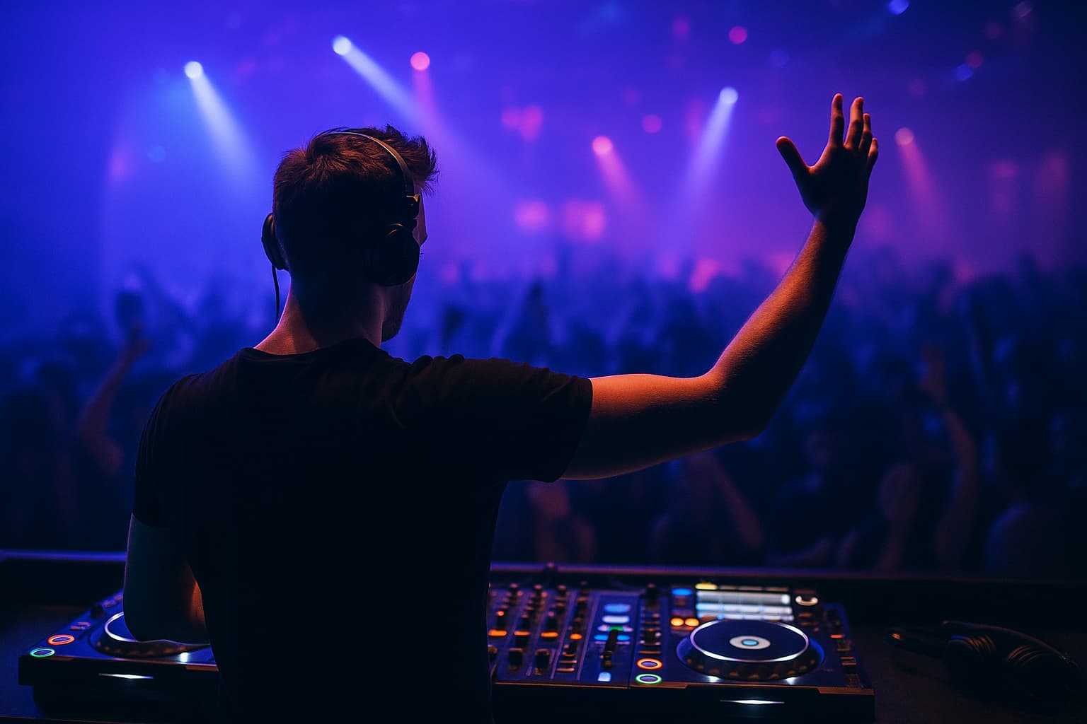 DJ che prepara il set e guida la pista in un club affollato, luci blu e viola