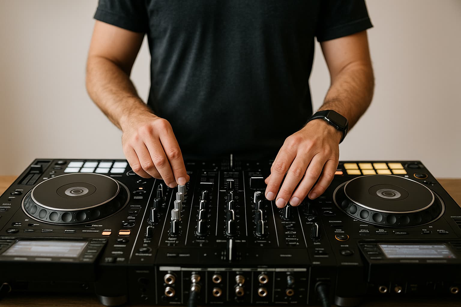 DJ che imposta hot cue e loop su due deck durante la preparazione del mix.