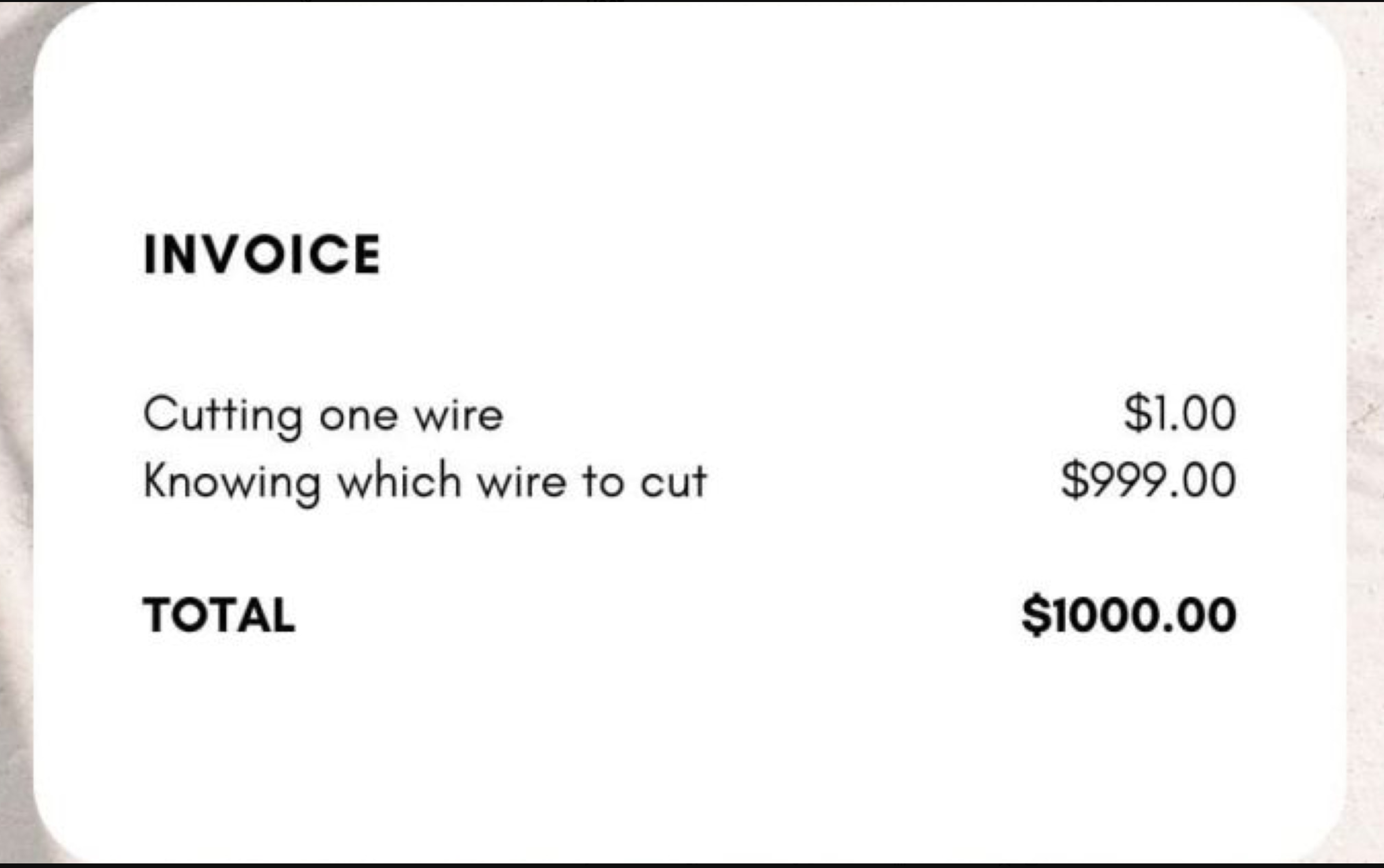 Image of an invoice that shows cutting one wire is $1, but knowing which wire to cut is $999, and highlights the value of subject matter experise.