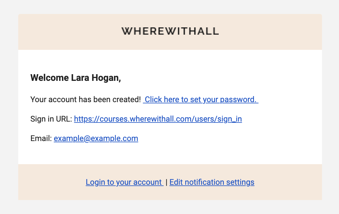screenshot of the site welcome email that includes a link to set your password, the sign in url, and their email address