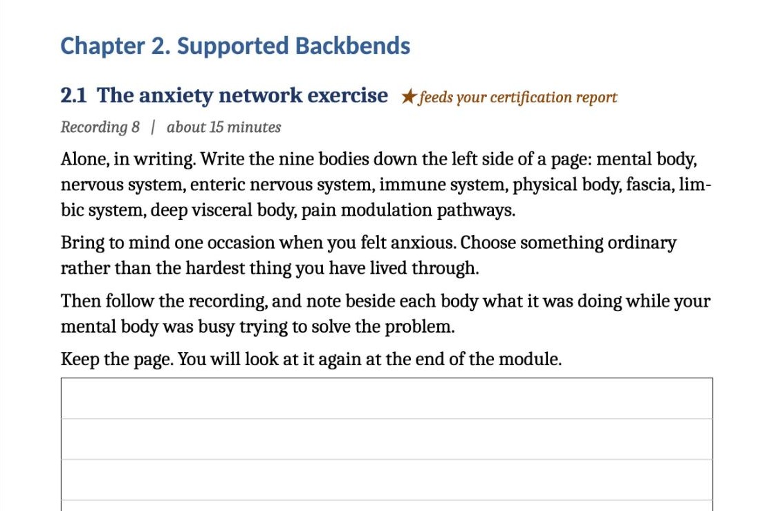 Module 2 training workbook entry for the anxiety network exercise, Chapter 2, Supported Backbends