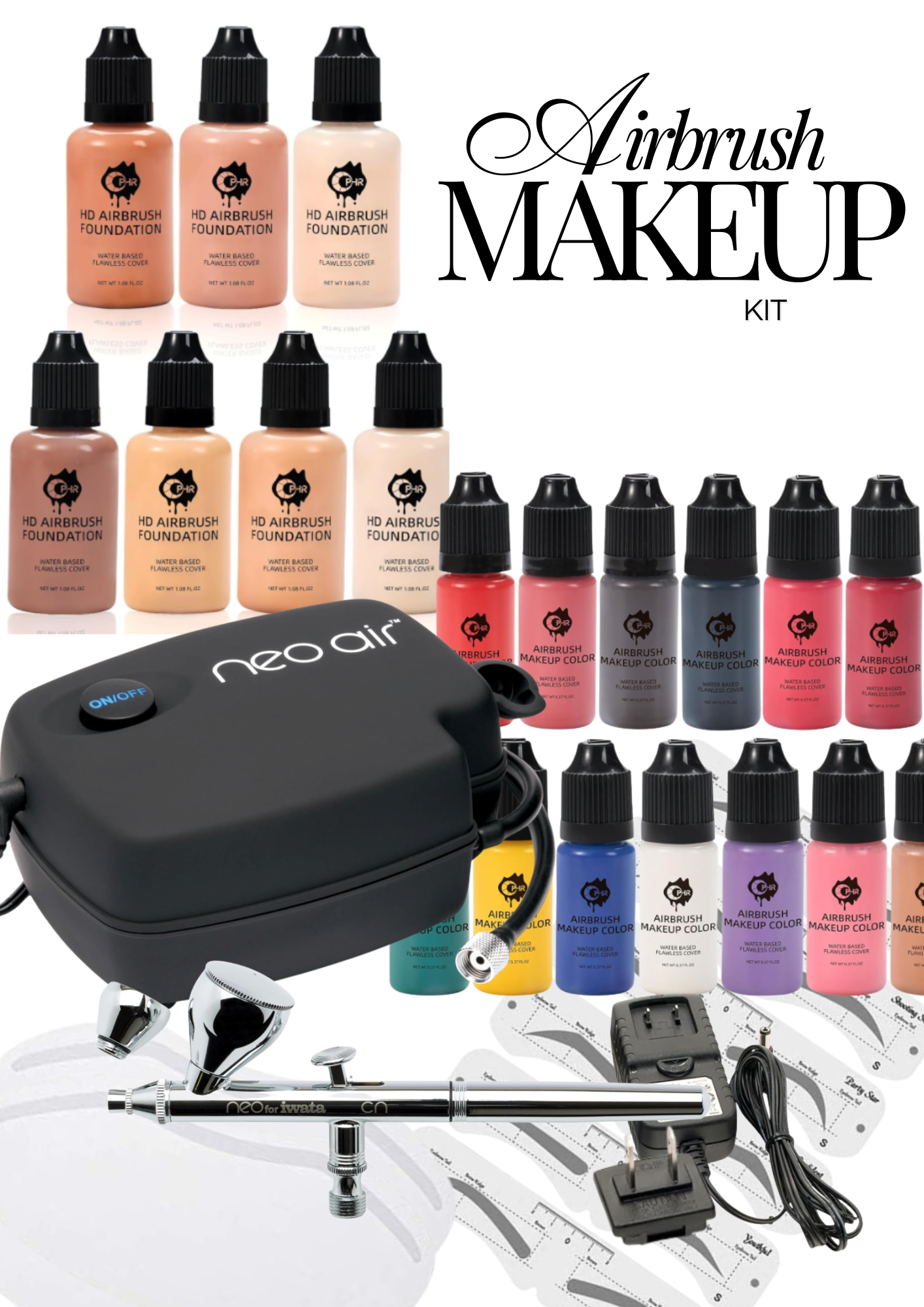 Airbrush course kit with compressor, airbrush wand, colors and accessories