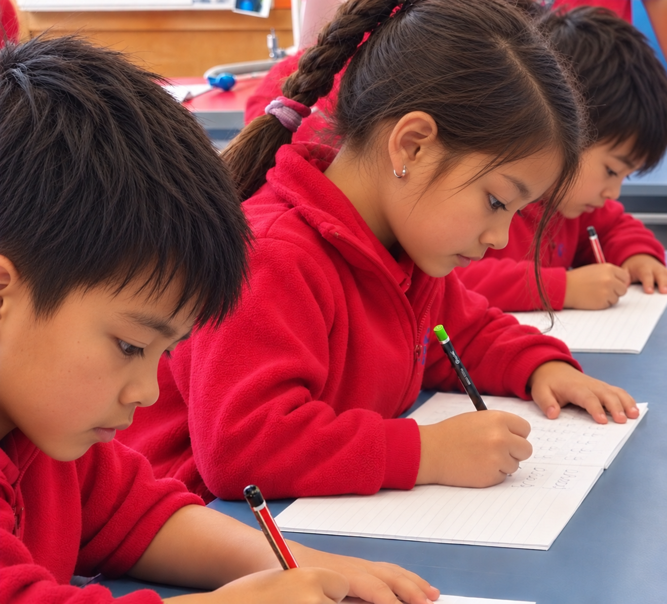 Children practising handwriting in class