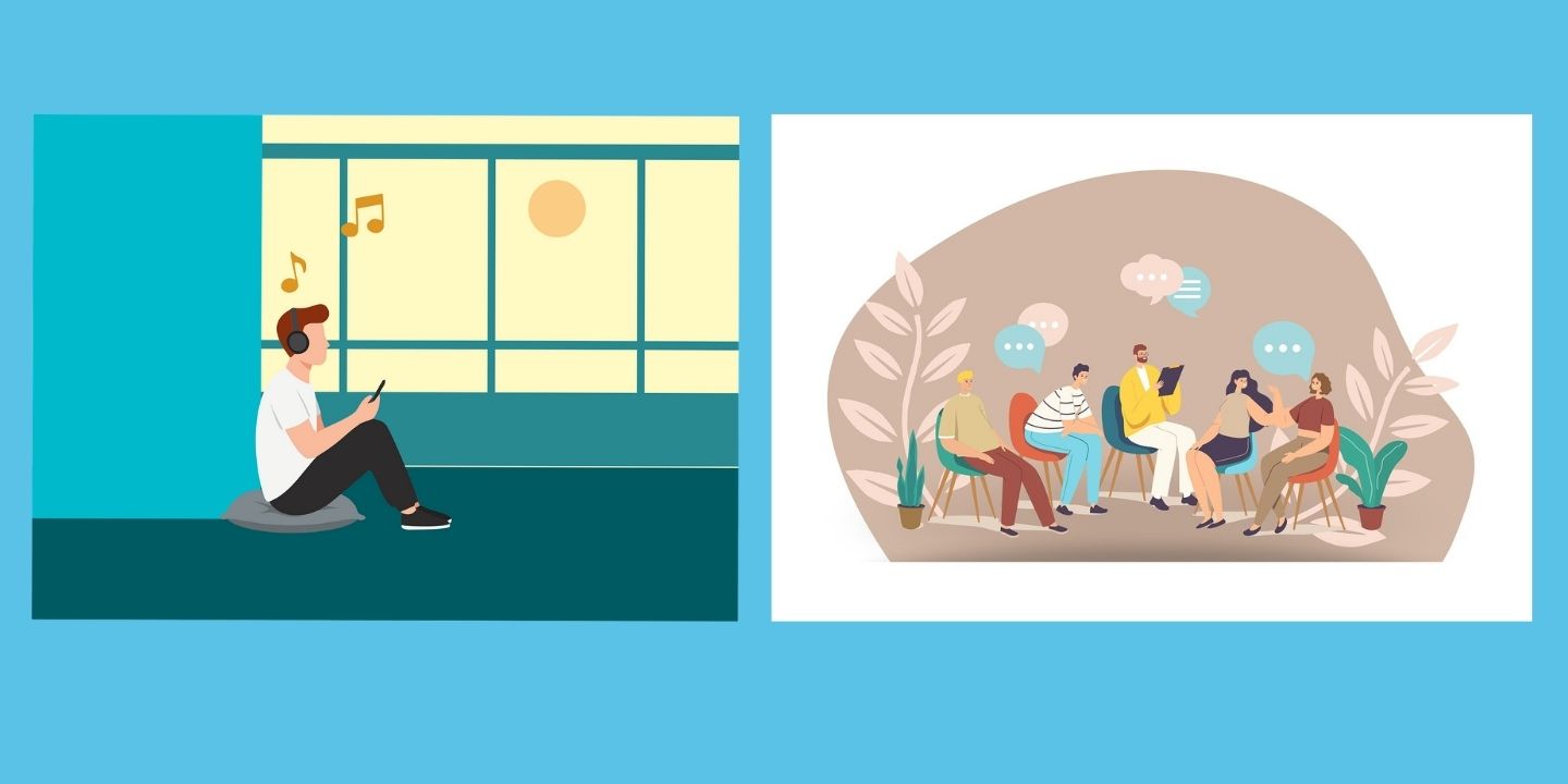 Side-by-side illustration on a blue background contrasting personal and shared listening experiences. On the left: a relaxed person sitting on the floor against a teal wall, wearing over-ear headphones, looking at a phone, with floating musical notes and sunlight streaming through large windows. On the right: a diverse group of seven adults seated in a circle on modern chairs, engaged in conversation with speech bubbles above their heads, framed by leafy plants – evoking private focused listening versus natural group or family integration.