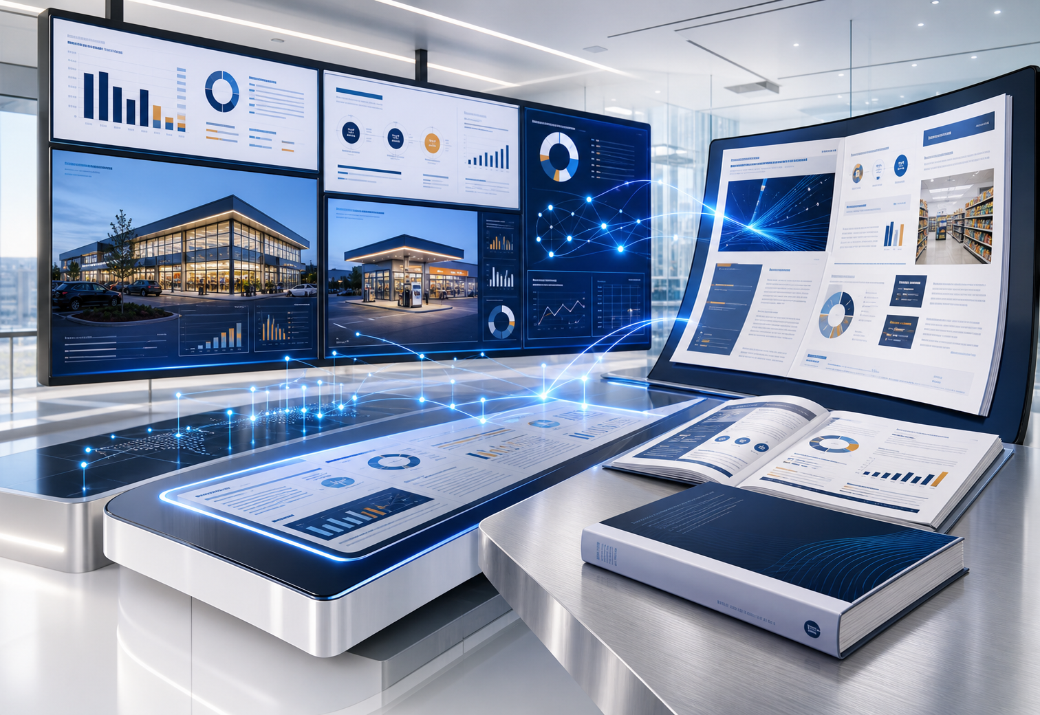 Customer Insight Reports — multi-screen analytical environment displaying interpreted retailer data and report documents