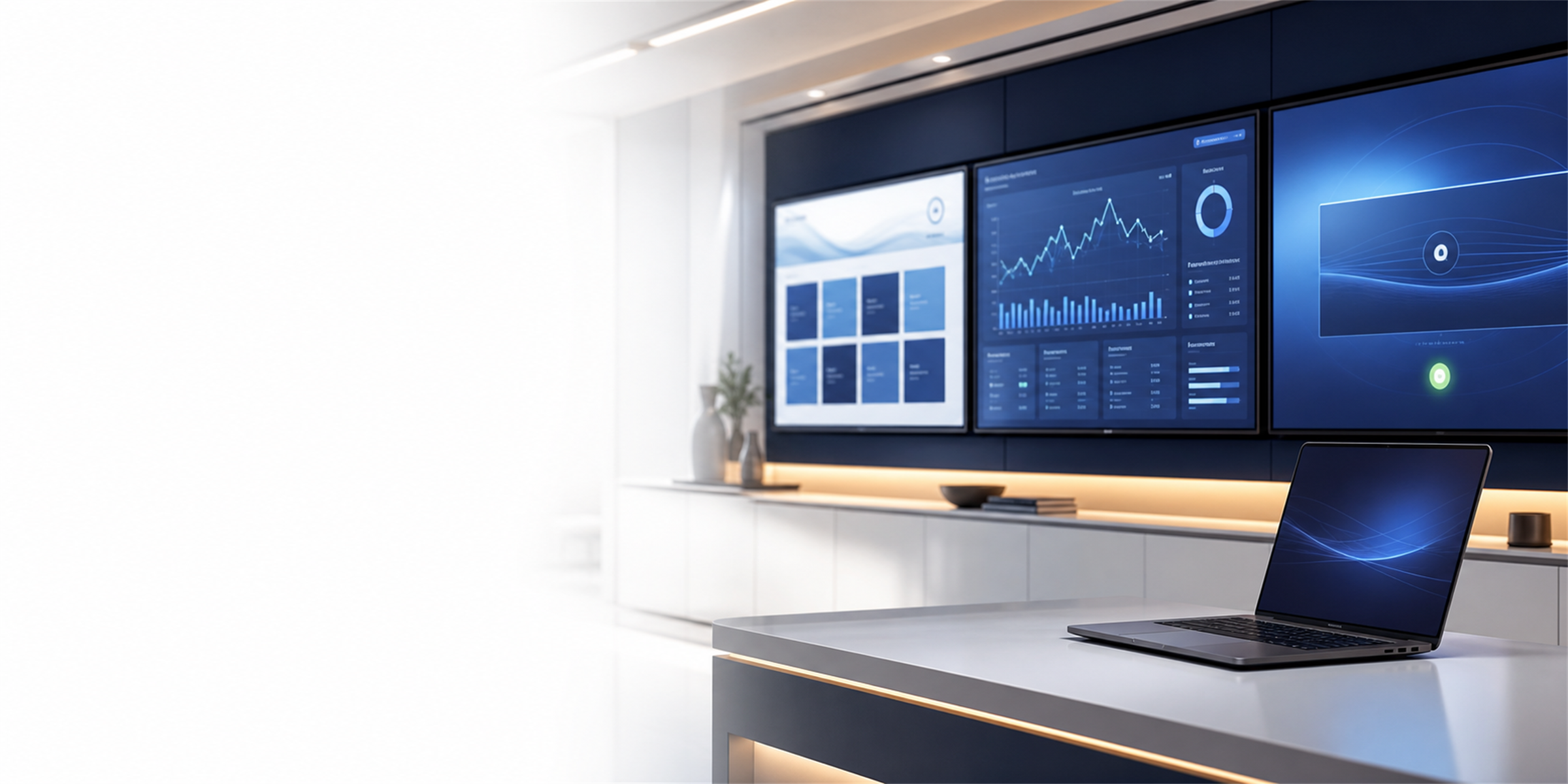 Live Resource Briefing — professional workspace with multi-screen dashboard display and laptop for the live orientation session