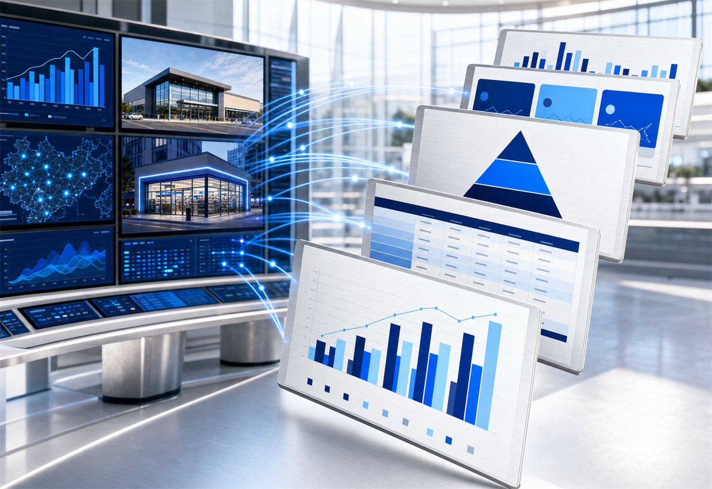 CCP Dashboard Library — premium intelligence hub with glowing arcs flowing into dashboard slide pages showing bar charts, data tables and value triangle