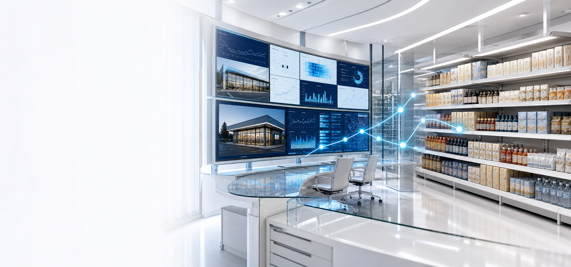 Commercial intelligence environment — multi-screen data display with retailer analytics and connected insight network
