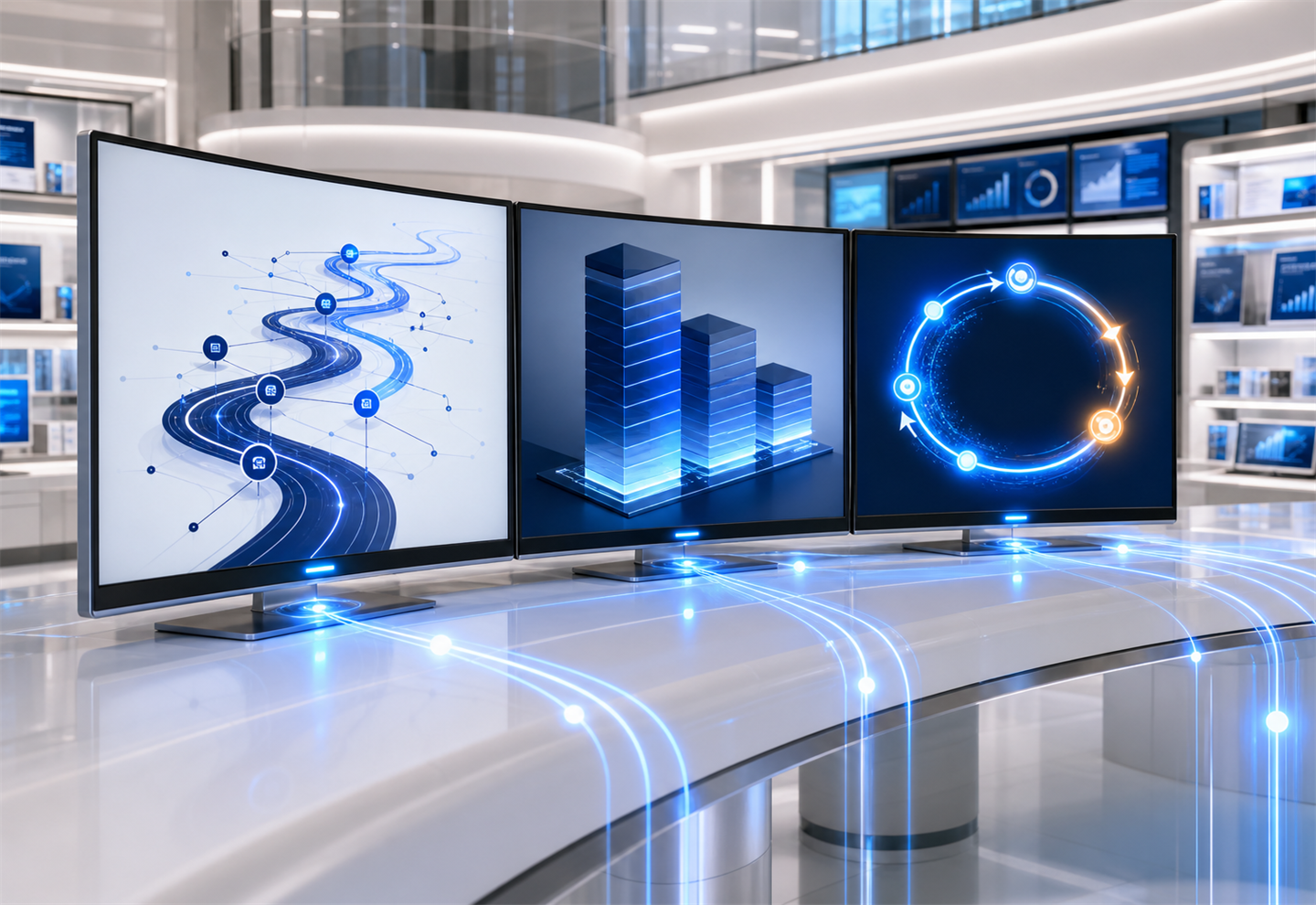 Concept Refresh — three video screens in a premium intelligence studio displaying Financial Roadmap, Retailer P&L, and GMROI concept animations