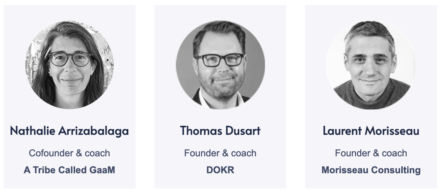 Panel of speakers from OKR Forum France 2024. From left to right: Nathalie Arrizabalaga, Cofounder & Coach at A Tribe Called GaaM; Thomas Dusart, Founder & Coach at DOKR; and Laurent Morisseau, Founder & Coach at Morisseau Consulting