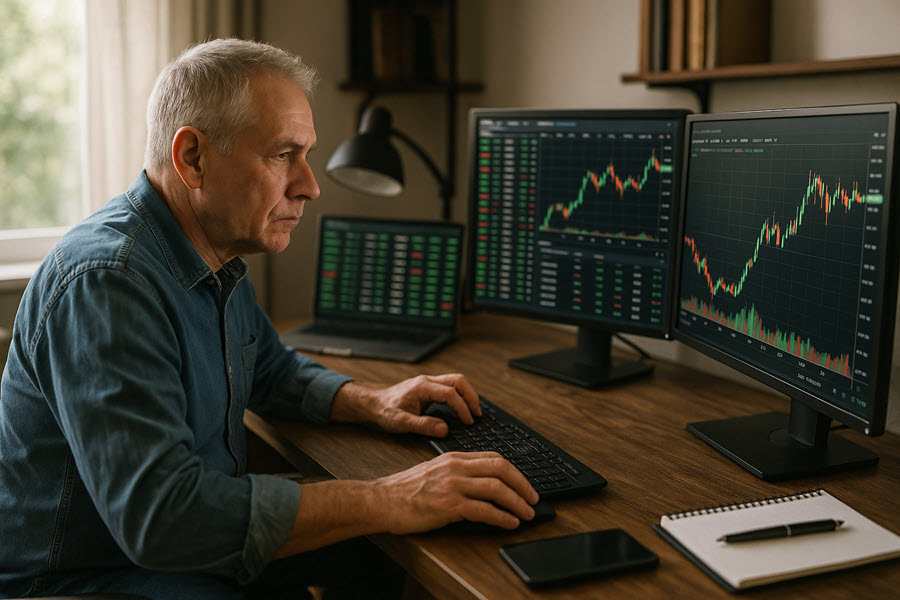 retiree trading stocks at home trading desk with multiple screens