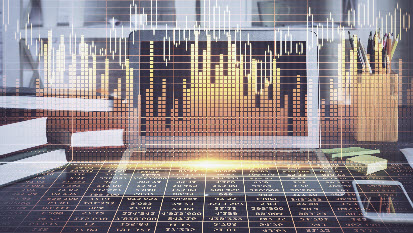 stock trading graphic overlaid on laptop