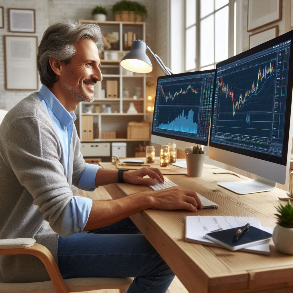 middle aged man trading stocks at desk with stock charts on 2 screens