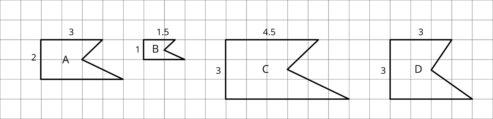 Figures A, B, C, and D drawn on a grid.