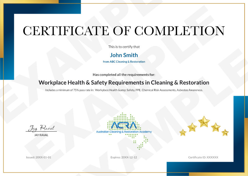 Example of Certificate of Completion in Workplace Health and Safety in Cleaning and Restoration