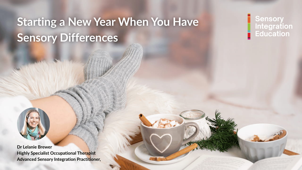 Cosy scene of a person wearing bed socks with their feet up and a tray of hot drinks, treats and a book.