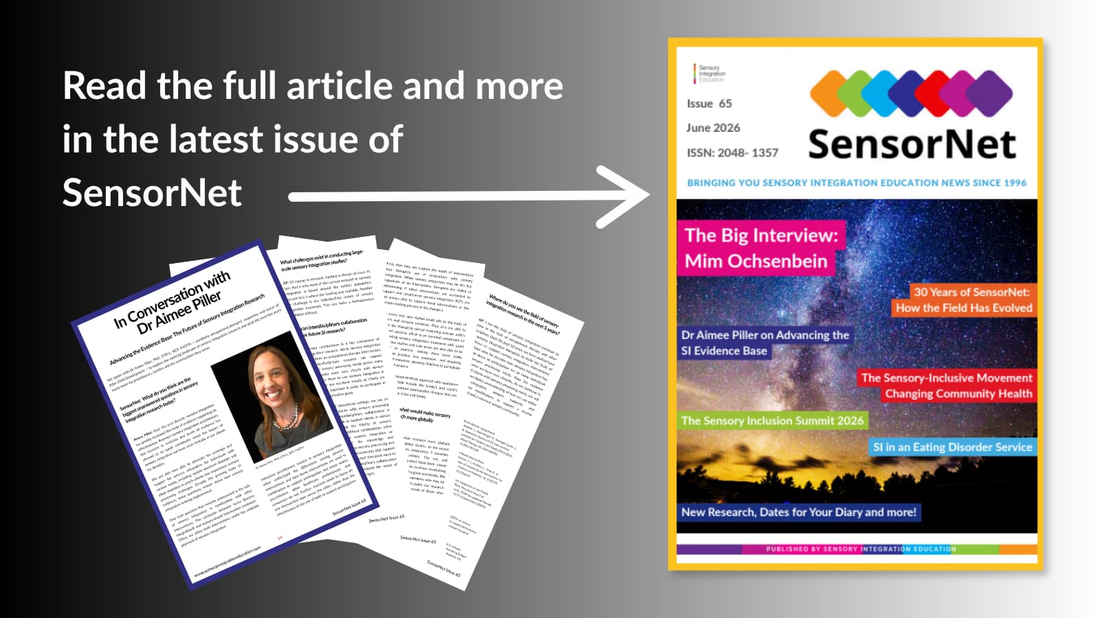 Front cover of SensorNet issue 65, plus a fan of pages of the interview with Mim Ochsenbein