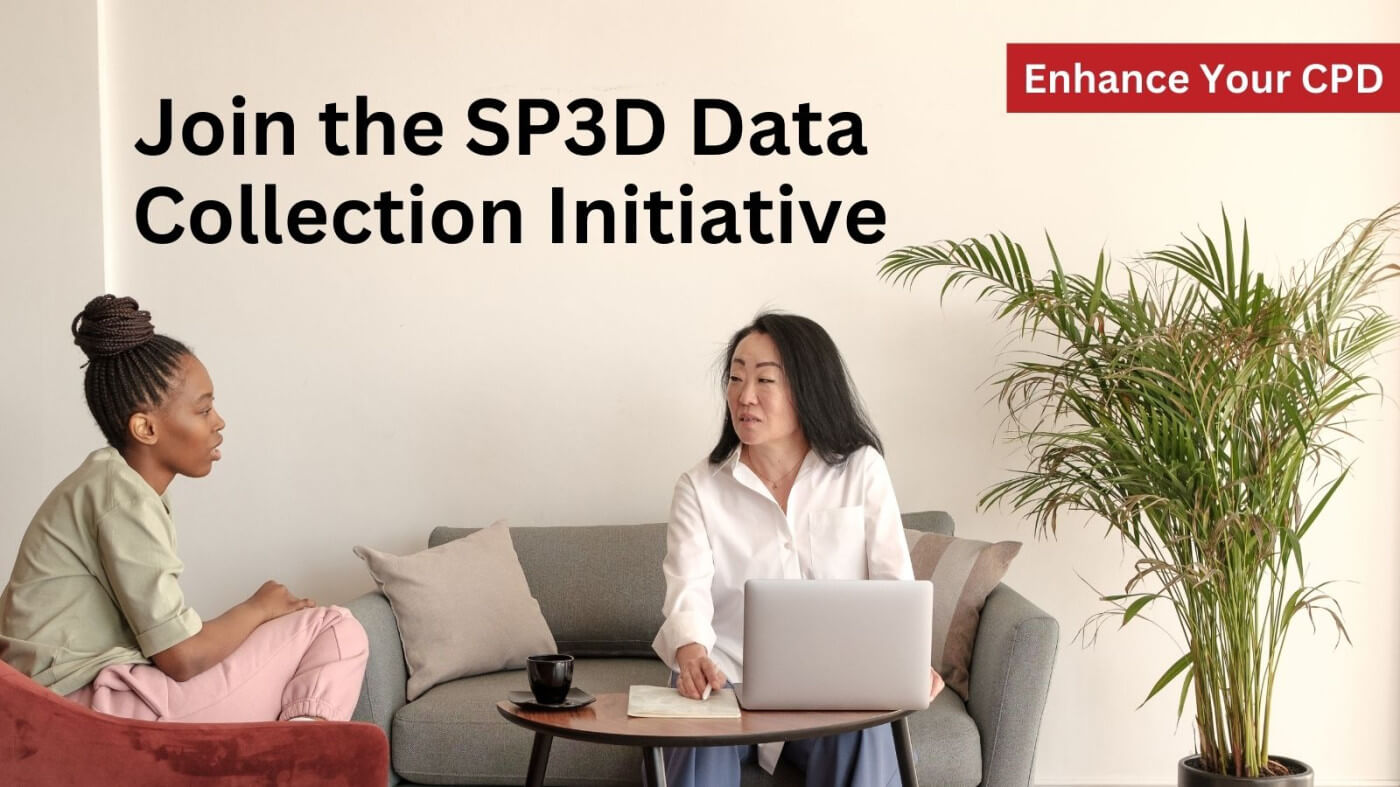 Two women around a table. Title reads Join the SP3D Data Collection Initiative 